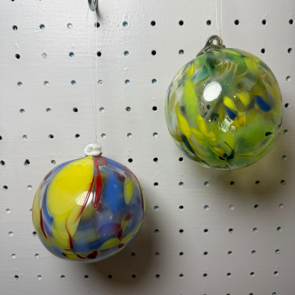 Lot of 2 Hand Blown Multicolor Speckled Glass Art Decorative Hanging Ornament
